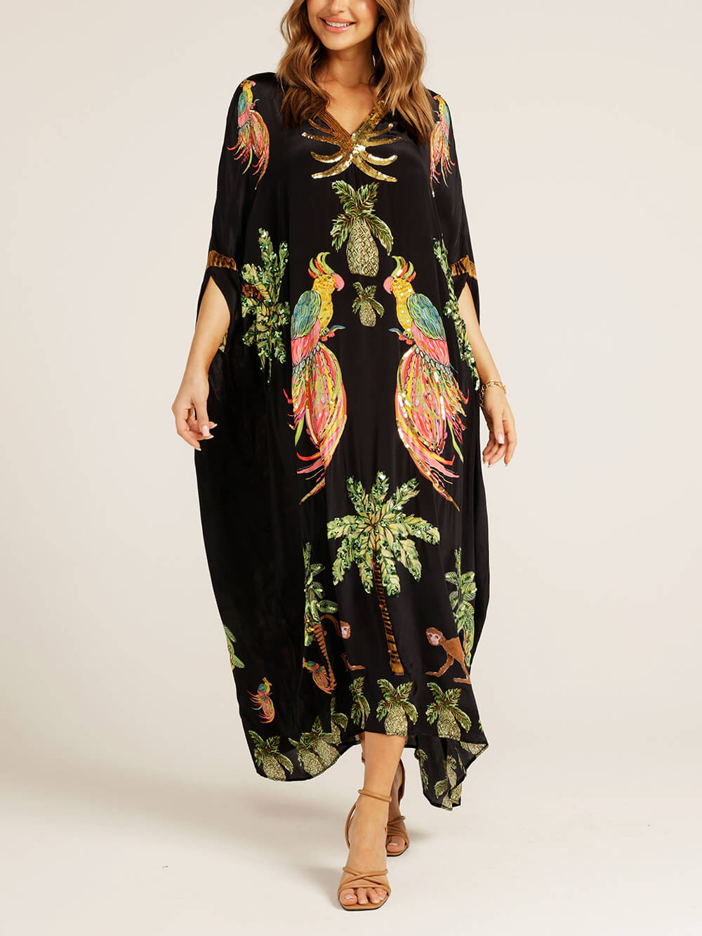 Einzigartiges Kleid mit Überschnittenen Ärmeln und Kokospalmen-Print