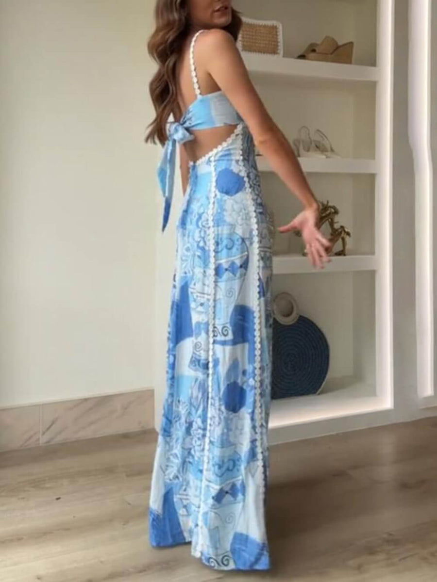 Maxikleider Halter Strap Lace Patchwork Print Back Tie Beige Dress
