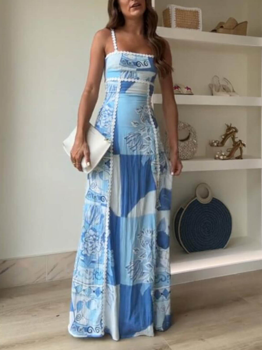 Maxikleider Halter Strap Lace Patchwork Print Back Tie Beige Dress