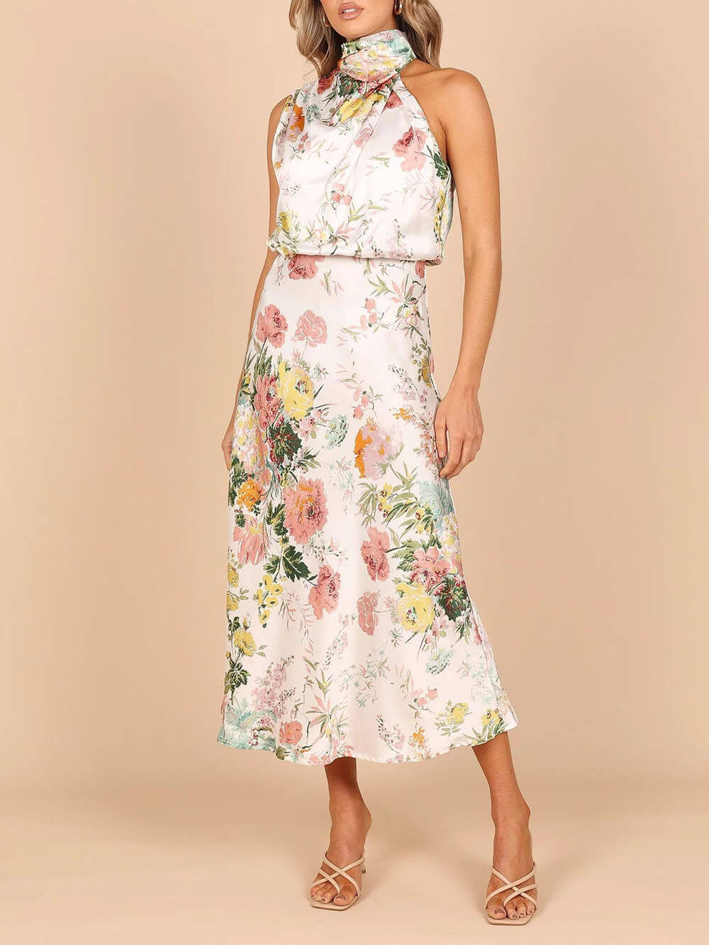 Maxikleid mit Neckholder, floralem Muster und elastischer Taille
