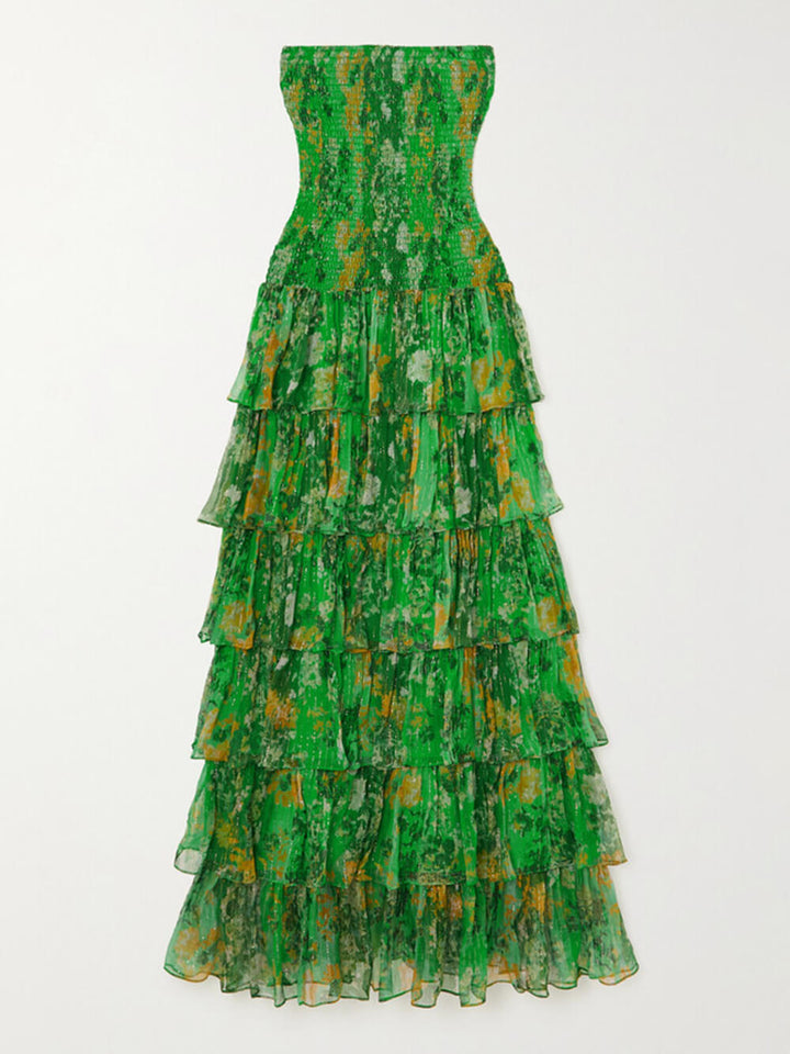 Schulterfreies, mehrlagiges Bandeau-Maxikleid mit Blumenmuster