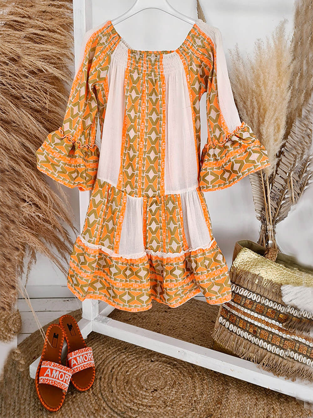 Mini Kleid mit Ethno-Muster, Leinen-Mischgewebe, schulterfrei und locker geschnitten