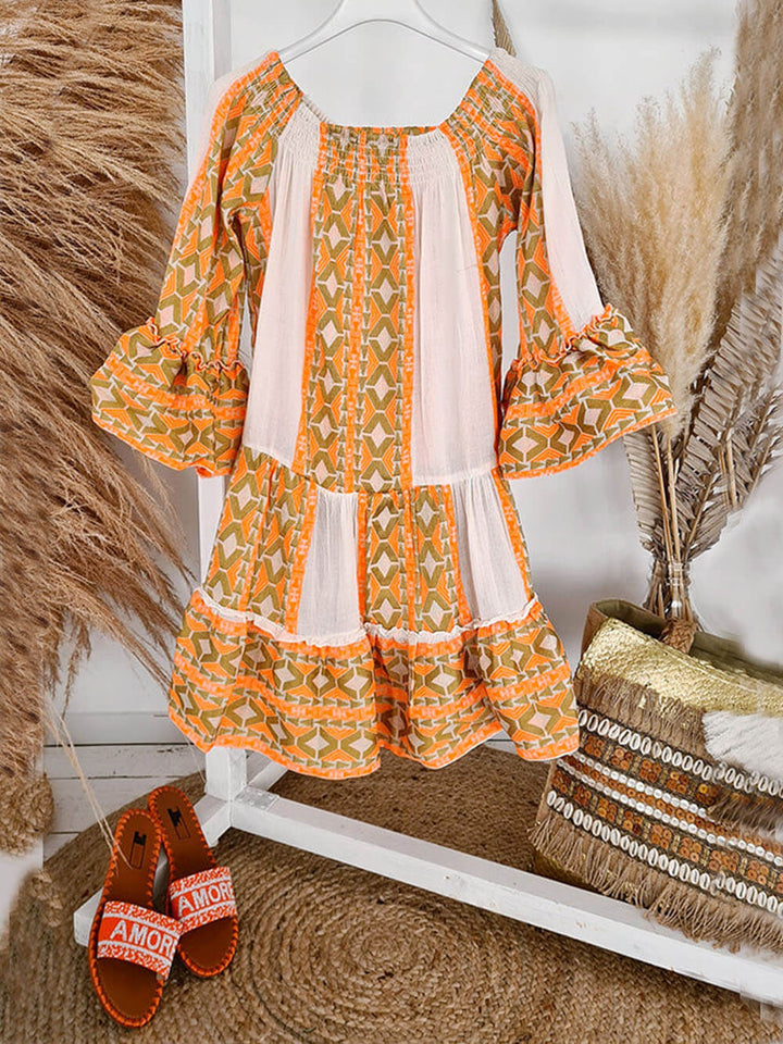 Mini Kleid mit Ethno-Muster, Leinen-Mischgewebe, schulterfrei und locker geschnitten