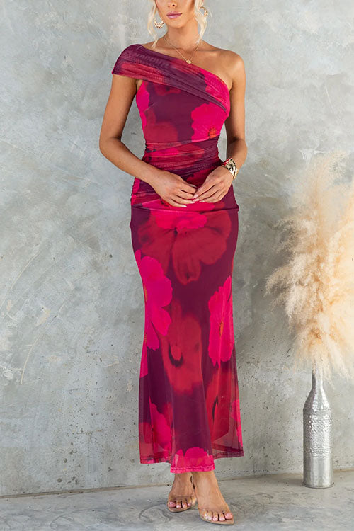 Schulterfreies Maxikleid mit Blumenmuster aus Mesh im Bodycon-Stil