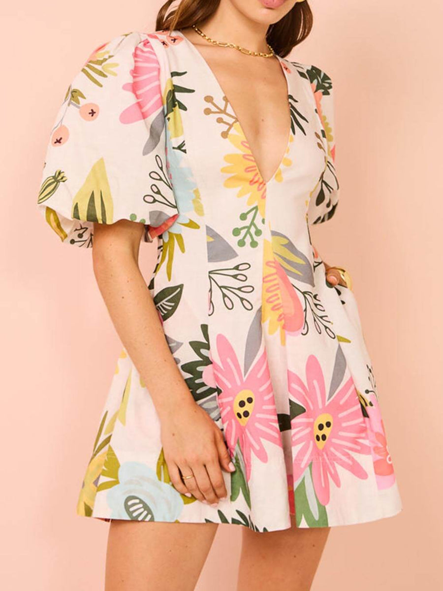 Floral Bubble-Sleeve Mini Dress with Pockets