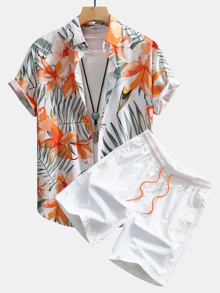 Hemd mit Blumenpflanzen-Print und Badehose mit Knopfleiste