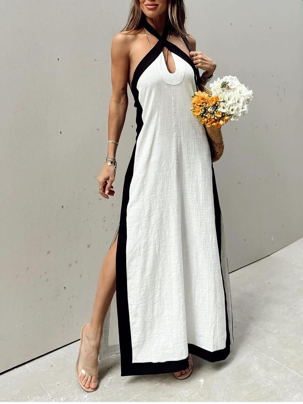 Halterneck Maxikleid mit Schlitz und Colorblock-Design