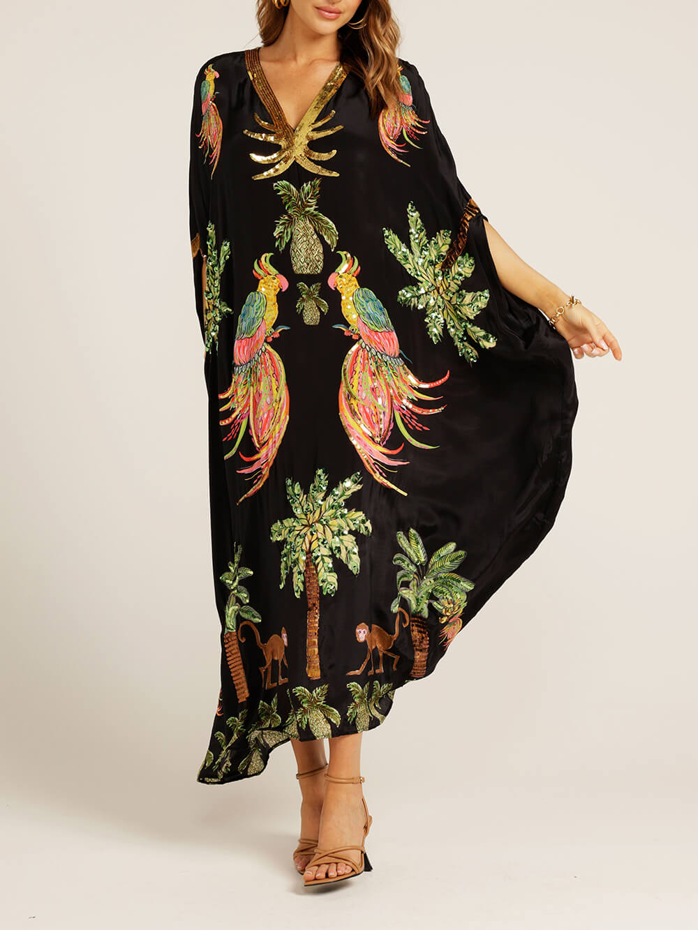 Einzigartiges Kleid mit Überschnittenen Ärmeln und Kokospalmen-Print