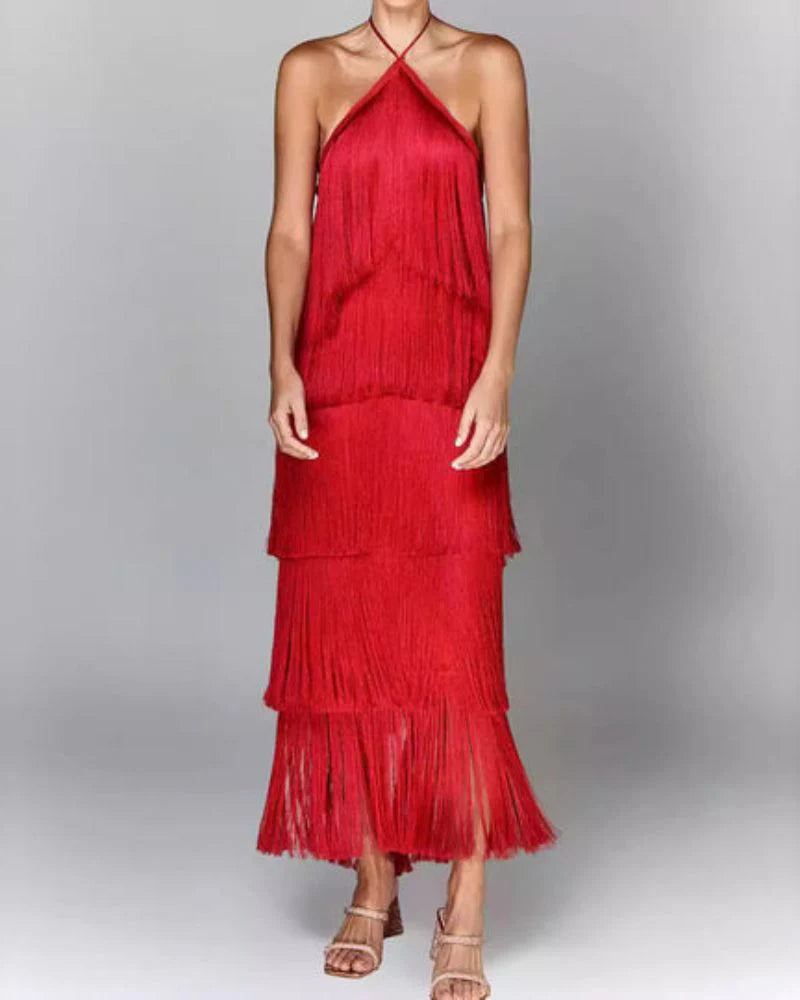 Adena Tassel-Trim Halter Maxi Dress