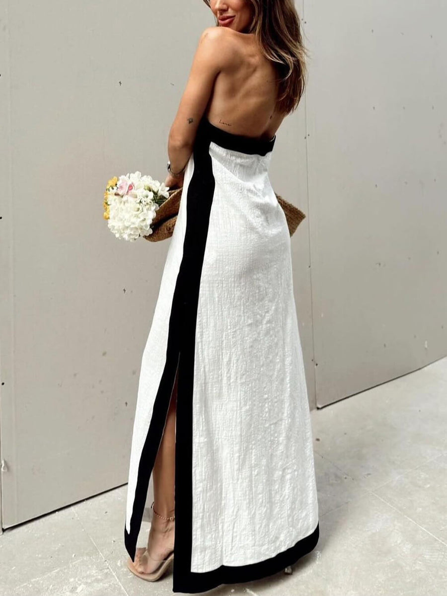 Halterneck Maxi Dress Slit Color Block Halter