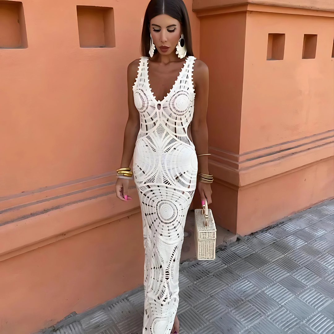 Abigail – Boho Midi-Kleid aus weißer Häkelspitze