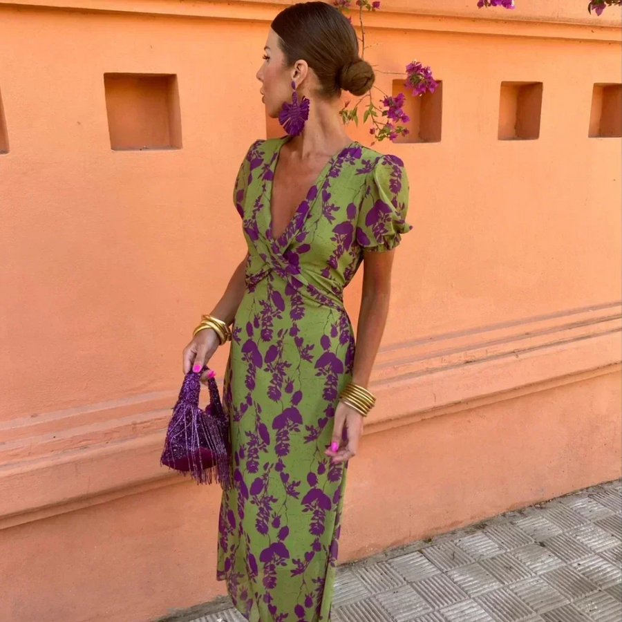 Zoé Printed Midi V-Neck Dress