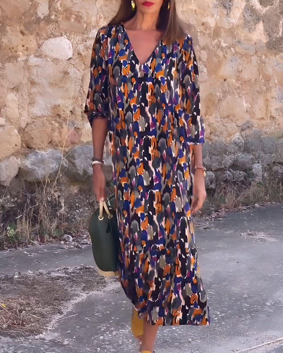 Nathalie Retro Print V-Neck Dress