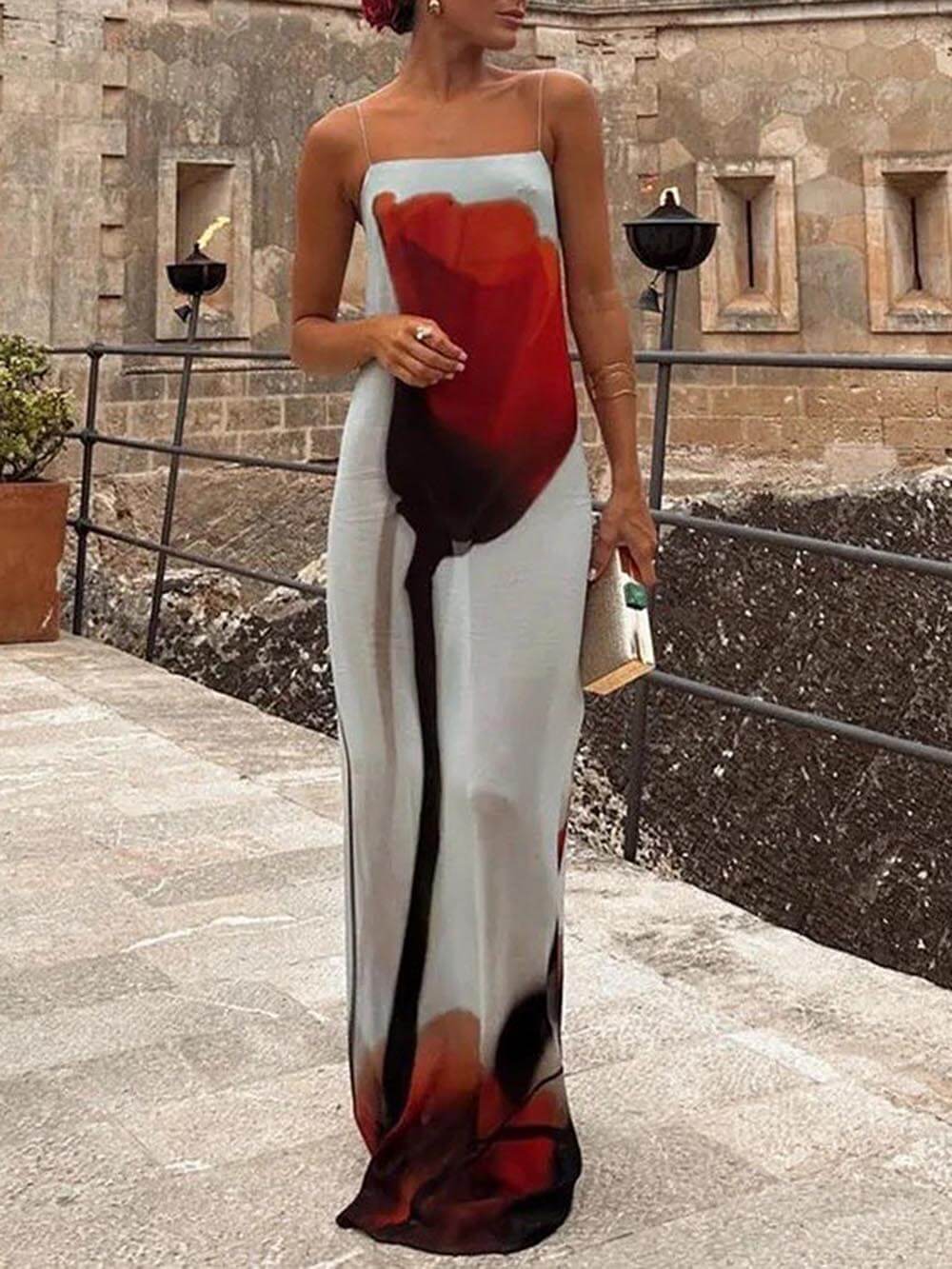 Maxikleid im H-Linien-Schnitt mit abstraktem Tulpenprint für den Urlaub
