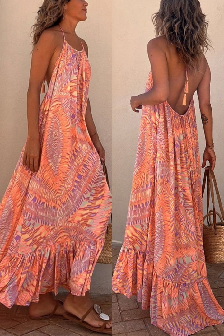 A-Linien-Kleid mit ethnischem Muster und Bindebändern am Hals