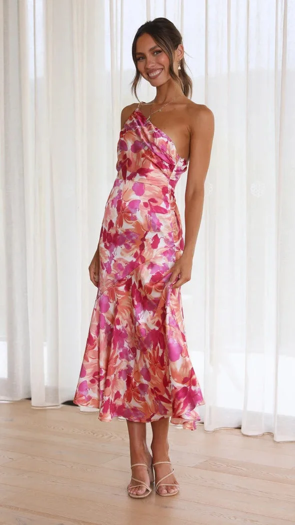Geblümtes Satin-Kleid mit Raffung und One-Shoulder-Design