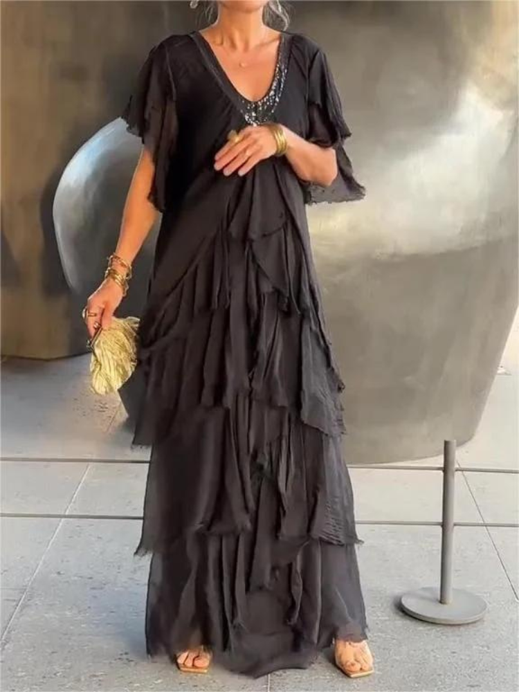 SAVANE | Elegantes, Fließendes Langarmkleid mit V-Ausschnitt