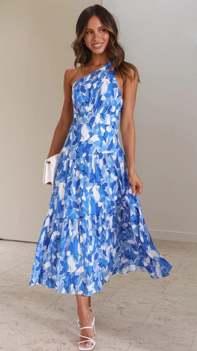 Vanessa – Blaues Midi-Blumenkleid mit einem Schulterfrei