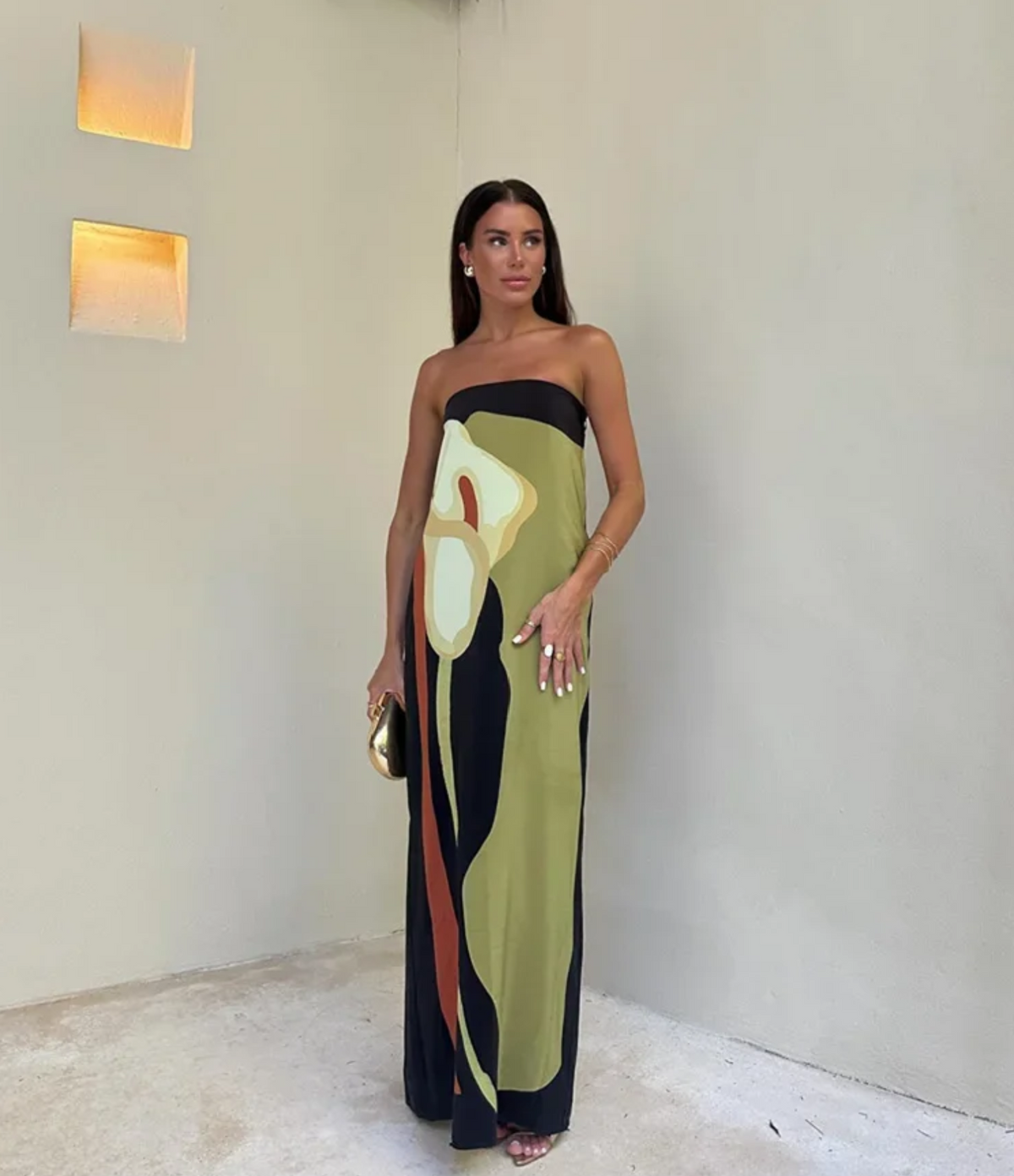 Paula – Bedrucktes Kleid mit schulterfreiem Ausschnitt