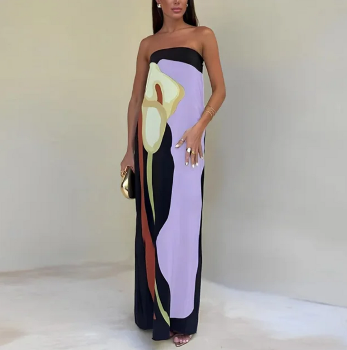 Paula – Bedrucktes Kleid mit schulterfreiem Ausschnitt