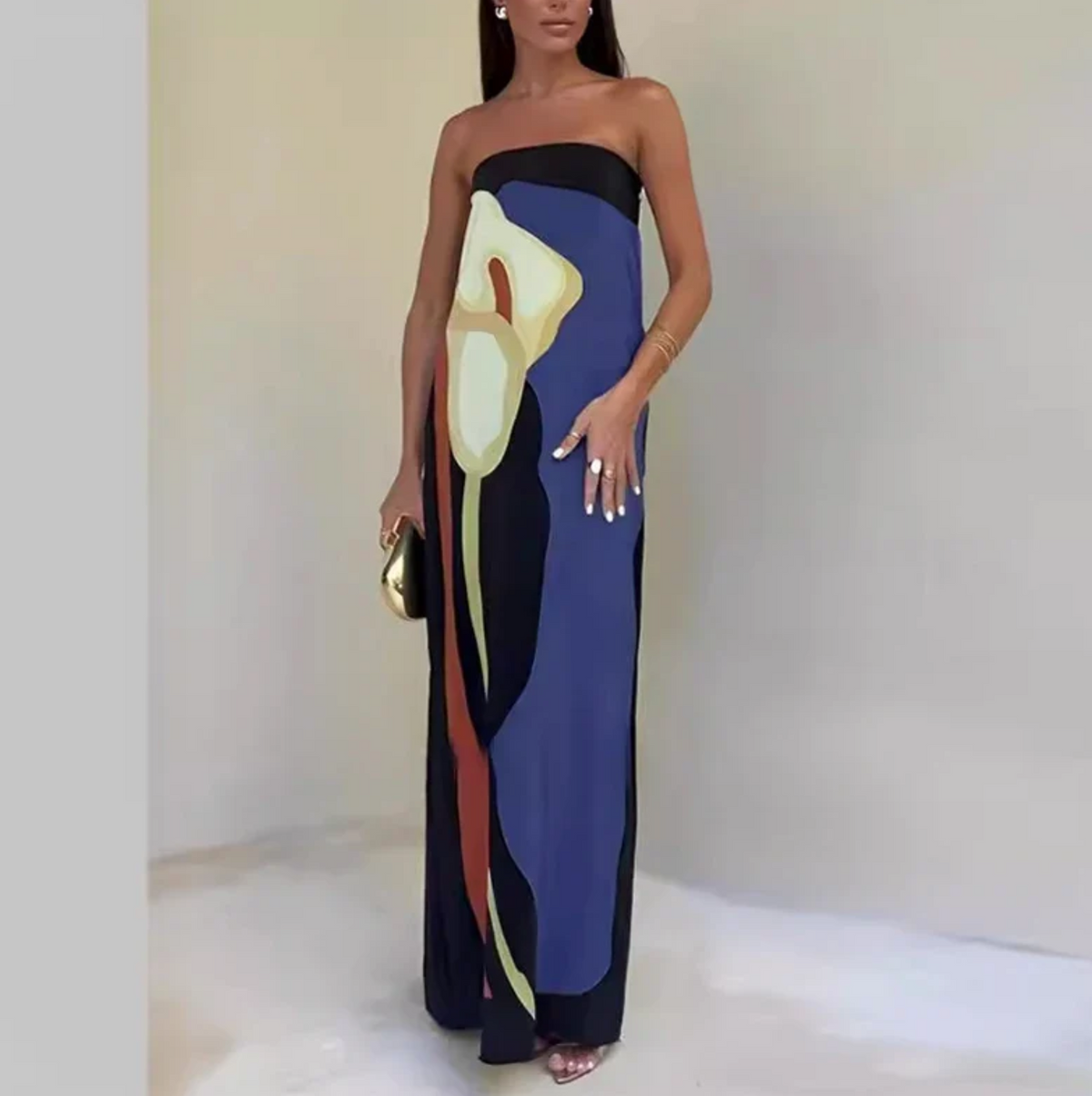 Paula – Bedrucktes Kleid mit schulterfreiem Ausschnitt