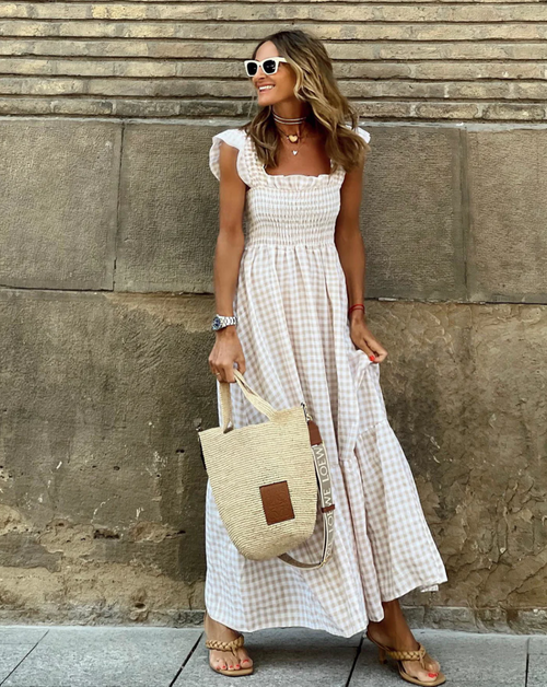 Flower Ruffle-Sleeve Maxi with Plaid Ruffles