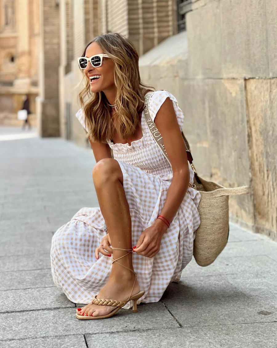 Flower Ruffle-Sleeve Maxi with Plaid Ruffles