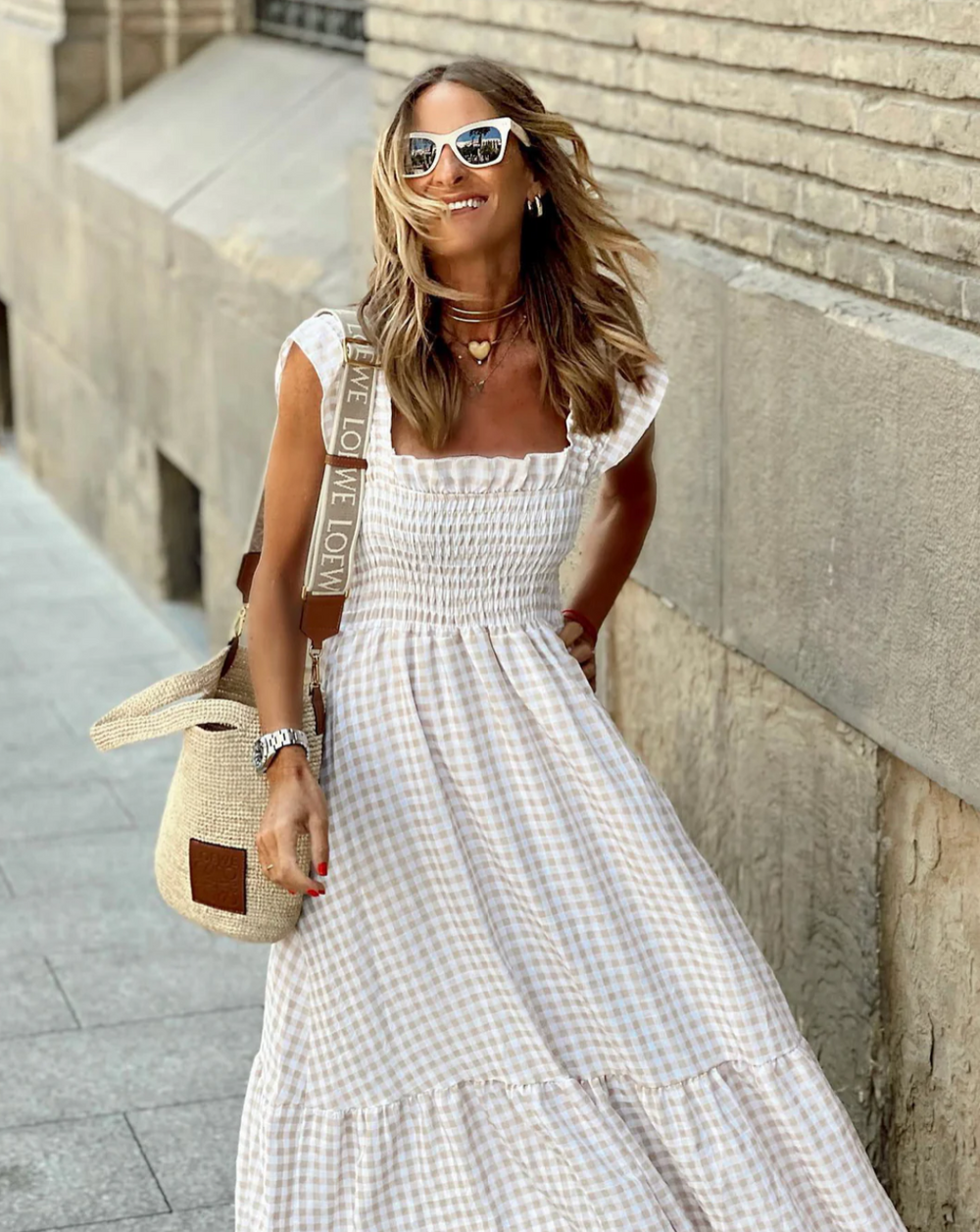 Flower | Langes Kleid mit Volantärmeln und karierten Volants