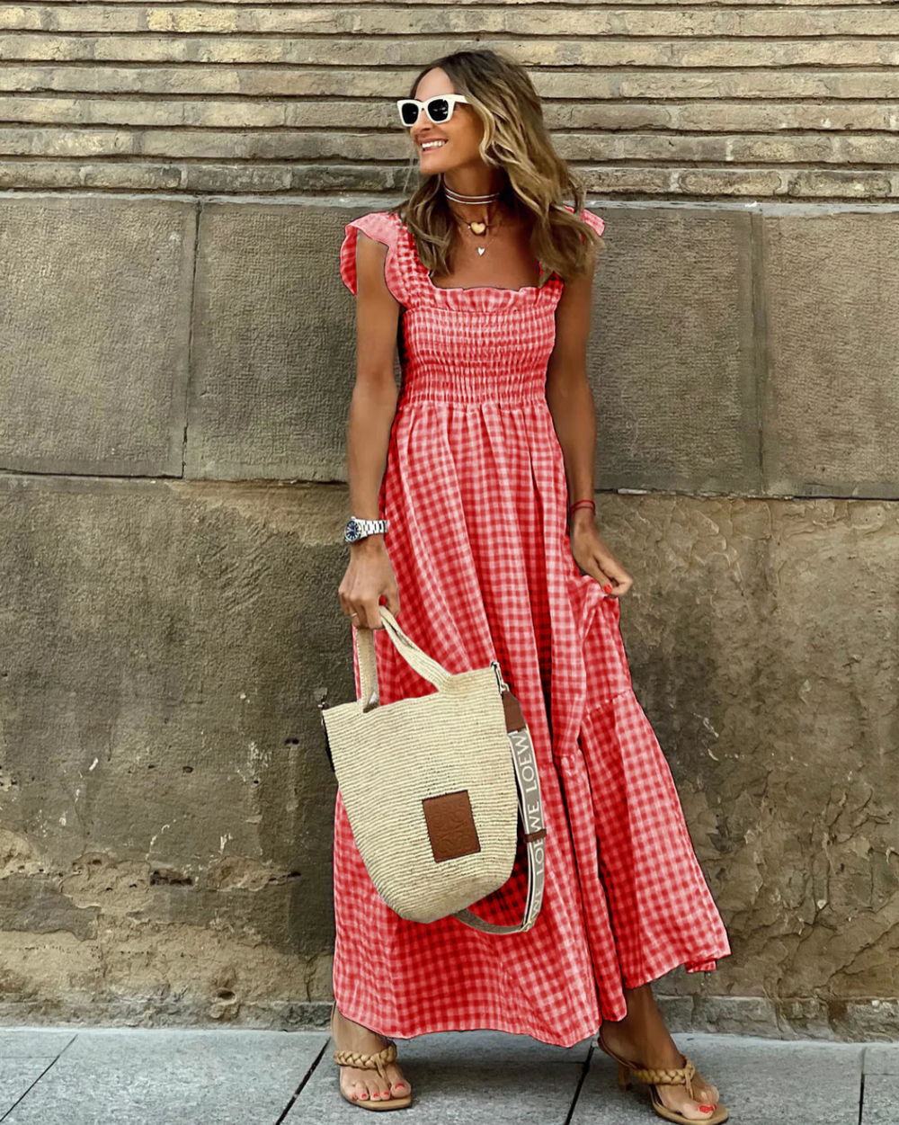 Flower | Langes Kleid mit Volantärmeln und karierten Volants