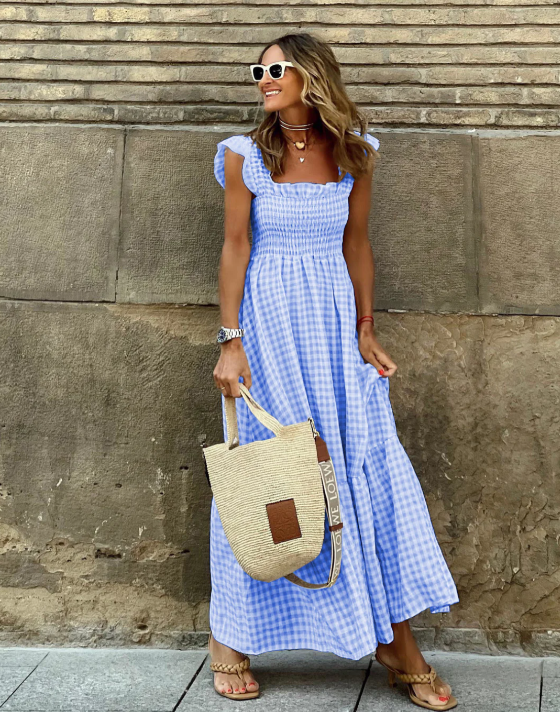 Flower – Langes Kleid mit Volantärmeln und karierten Volants