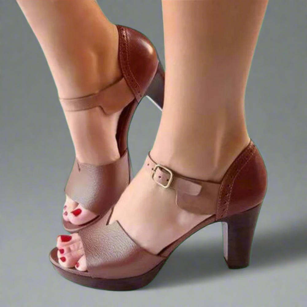 Miné | High Heel Premium Sandals in Korean Style with Color Block and Buckle