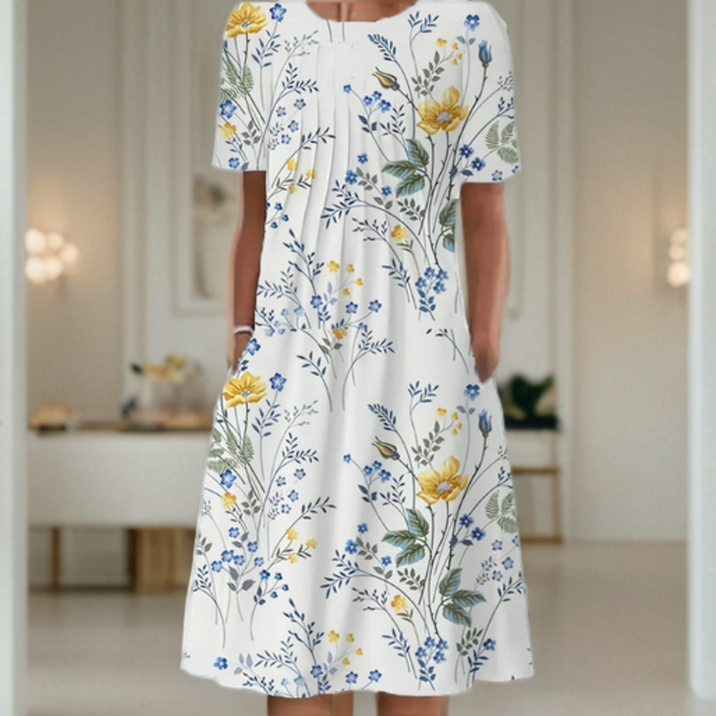 Weites Kleid mit Rundhalsausschnitt, Dreiviertelärmeln und bedrucktem Design