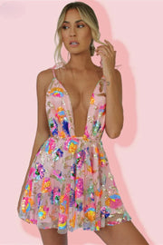 Zephyr – Rückenfreies Pailletten-Minikleid mit floralem Trägerdesign