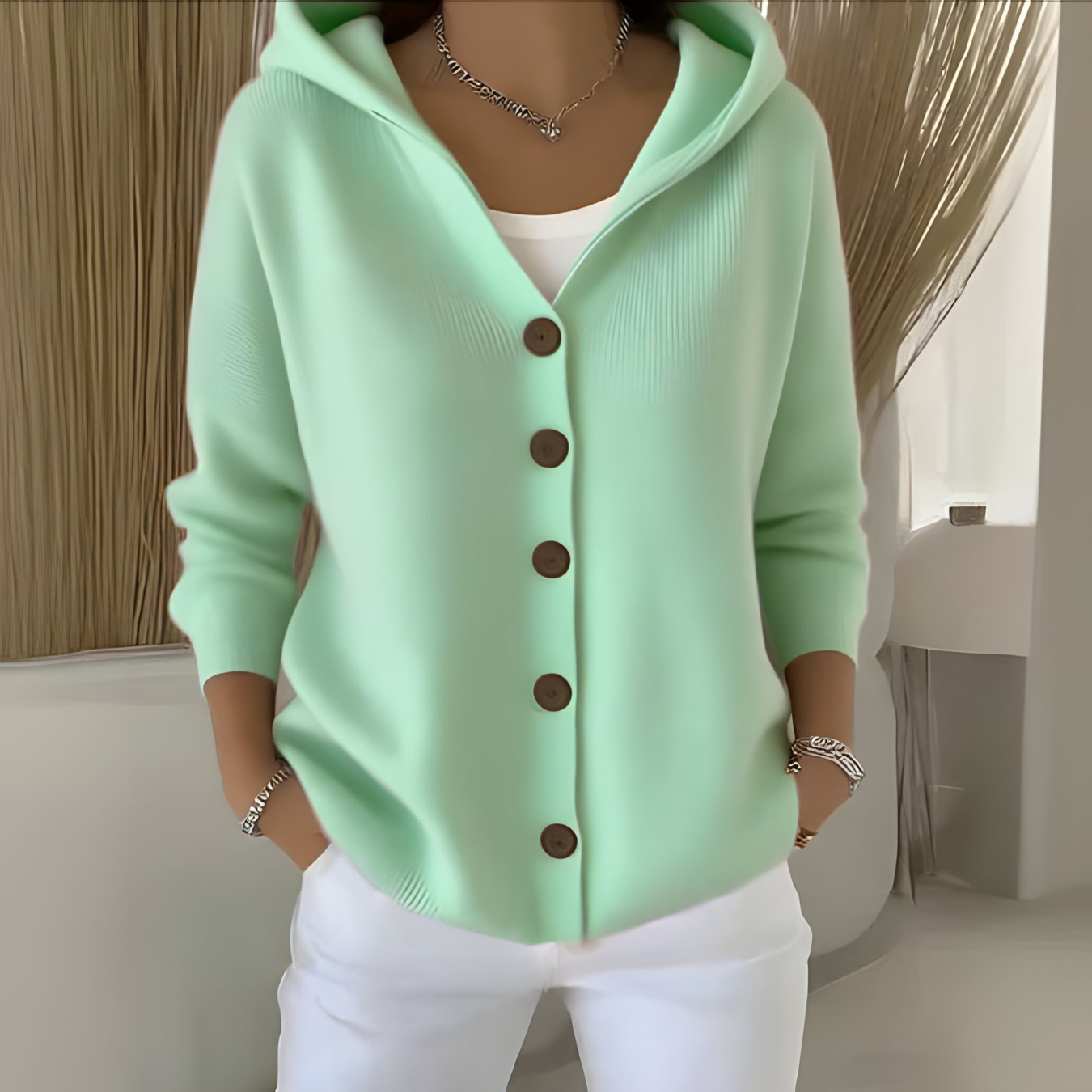 Elise Elegante Strickjacke mit Kapuze - Grün