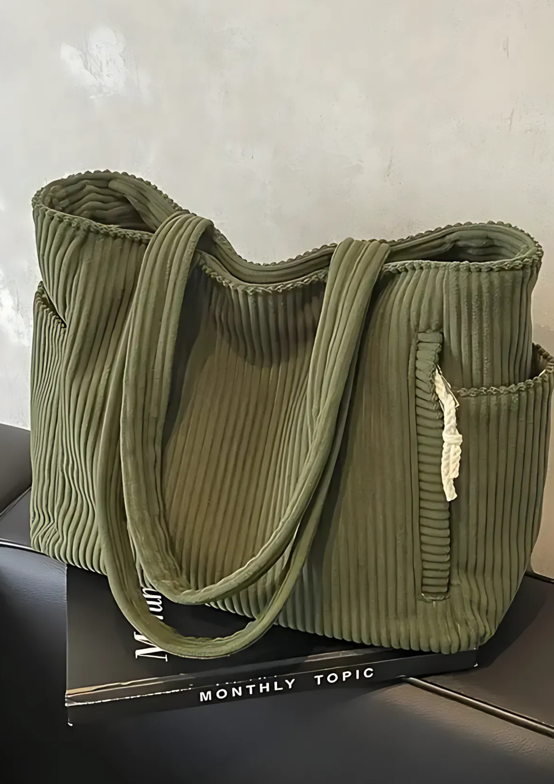 Elaria Gerippte Tragetasche mit Kordel-Detail - Grün