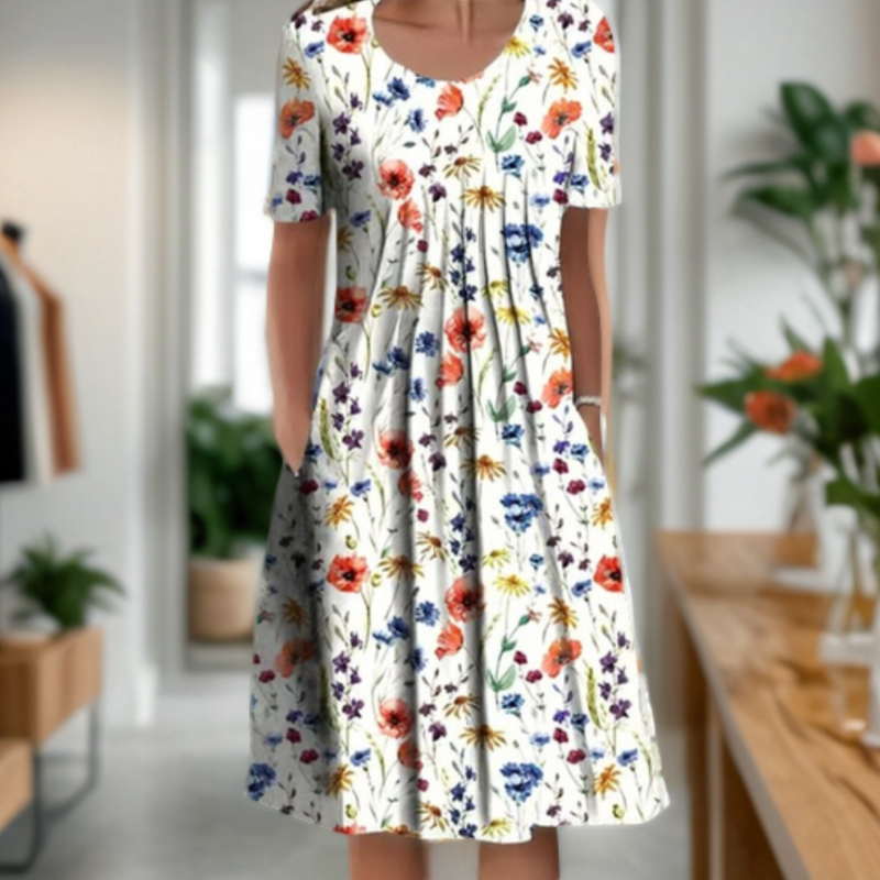 Weites Kleid mit Rundhalsausschnitt, Dreiviertelärmeln und bedrucktem Design