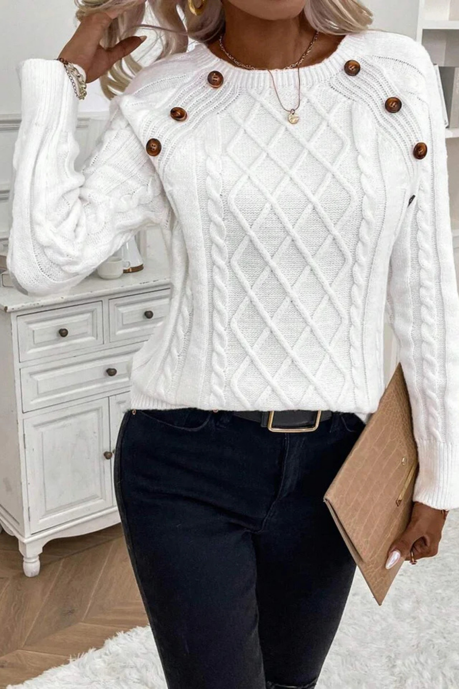 Cora Button-Detail Cable Knit Sweater