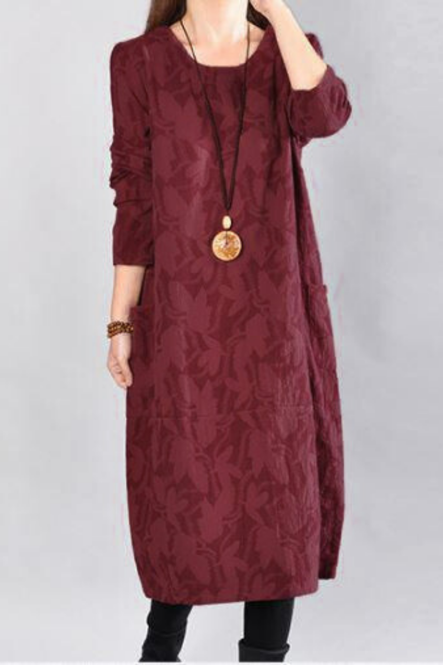 Kayla Bohemian Leaf-Print Maxi Dress in Red