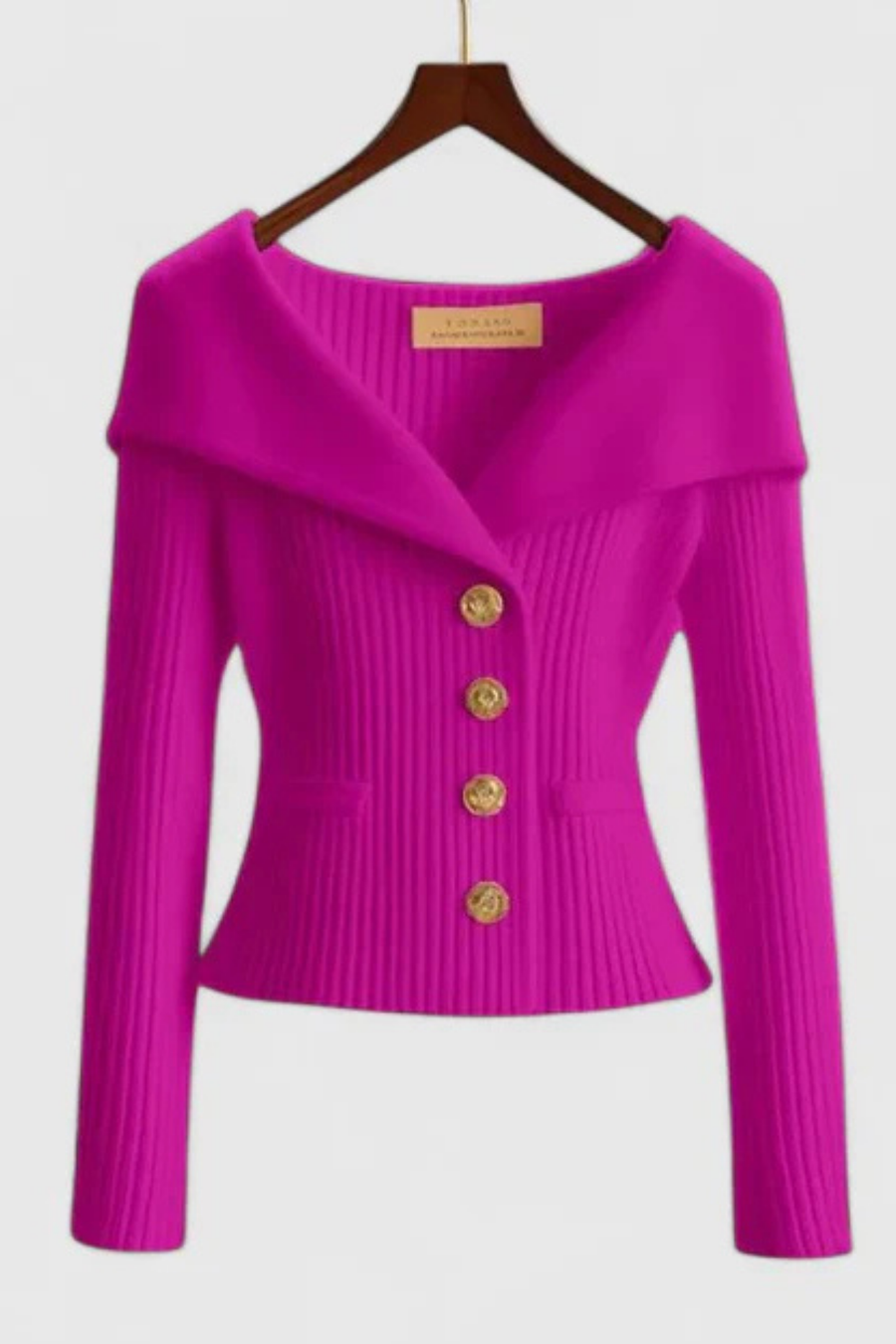 Elizah Off-Shoulder Knit Pullover with Gold Button Detail