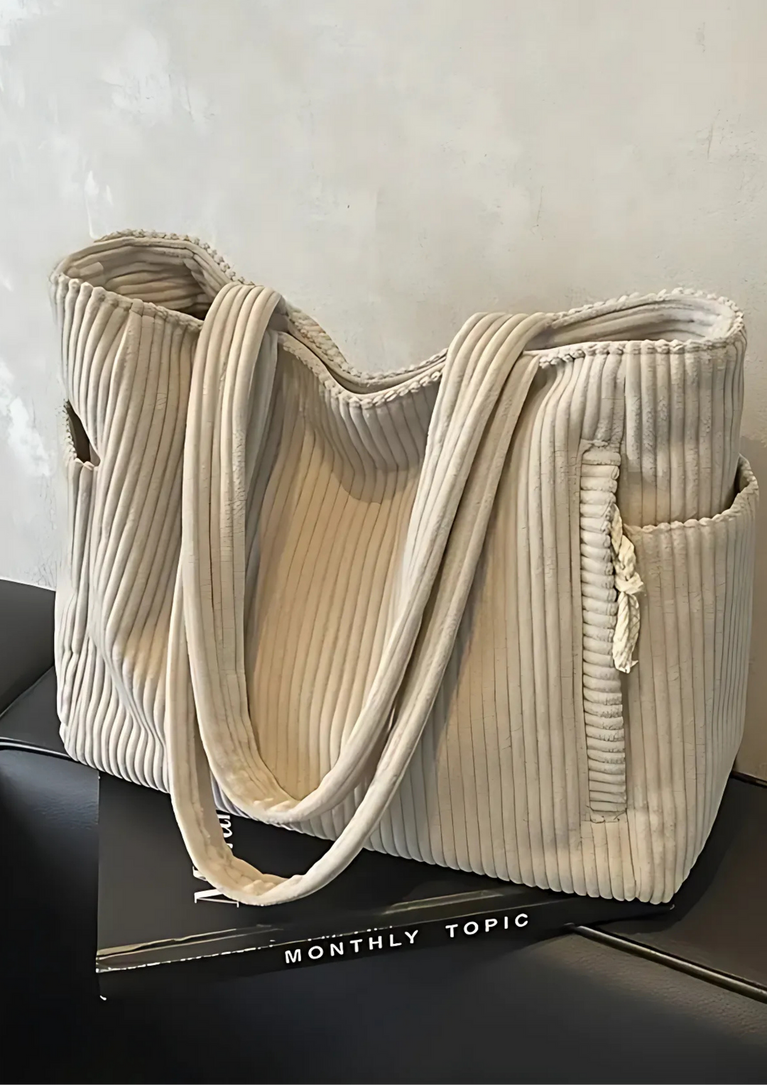 Elaria Gerippte Tragetasche mit Kordel-Detail - Weiß