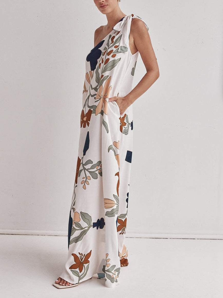 Bedrucktes Maxikleid mit einem schulterfreien Design