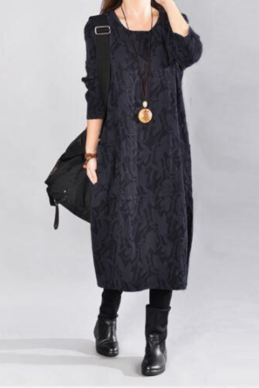 Kayla Black Leaf-Print Boho Maxi Dress