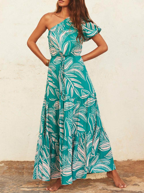 Schulterfreies Kleid mit Palmblatt-Print und floralem Urlaubsstil