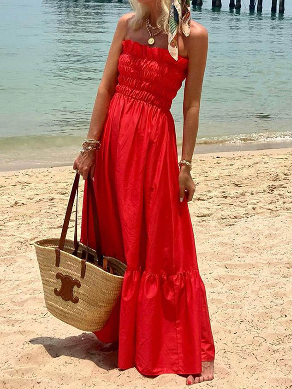 Off-Shoulder Smocked Bust Urlaub Maxikleid