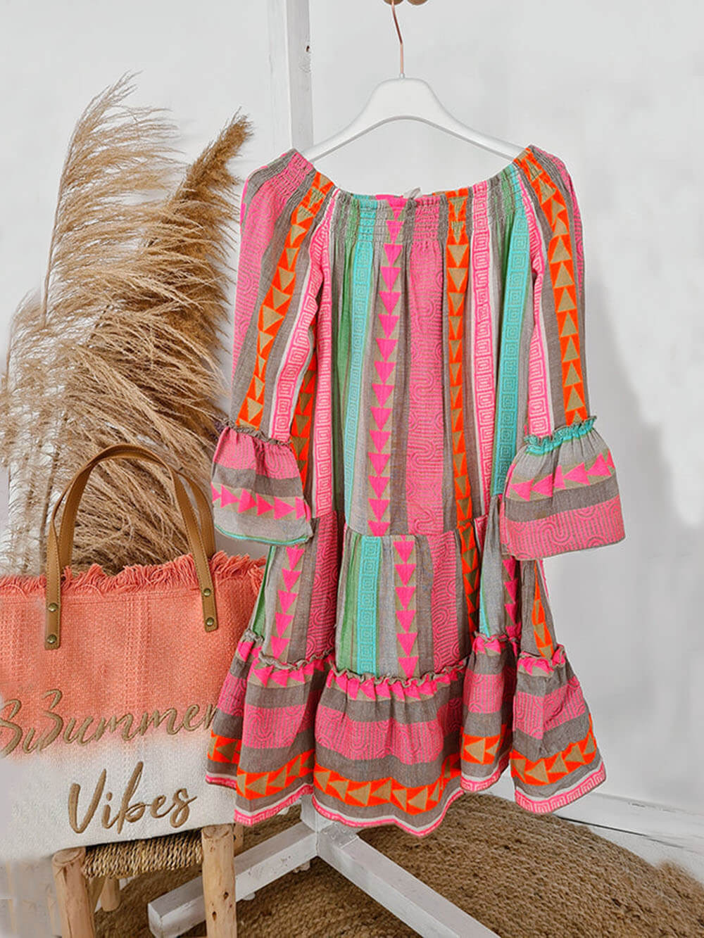 Mini Kleid mit Ethno-Muster, Leinen-Mischgewebe, schulterfrei und locker geschnitten