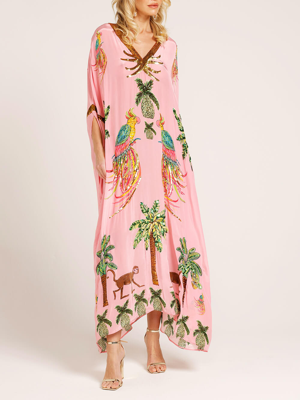 Einzigartiges Kleid mit Überschnittenen Ärmeln und Kokospalmen-Print