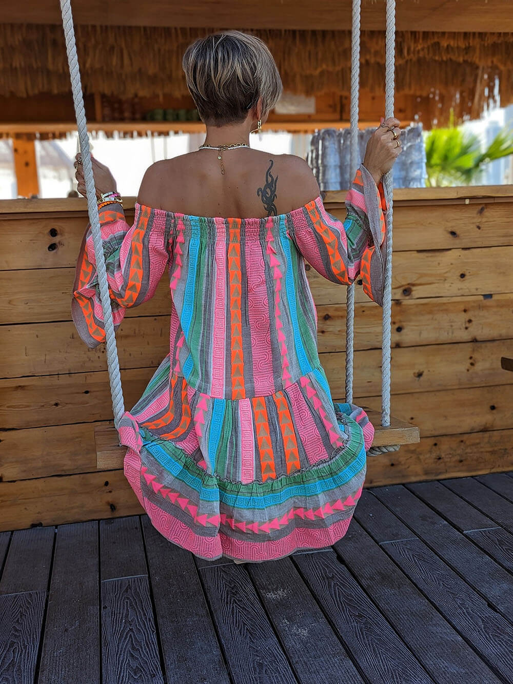Mini Kleid mit Ethno-Muster, Leinen-Mischgewebe, schulterfrei und locker geschnitten