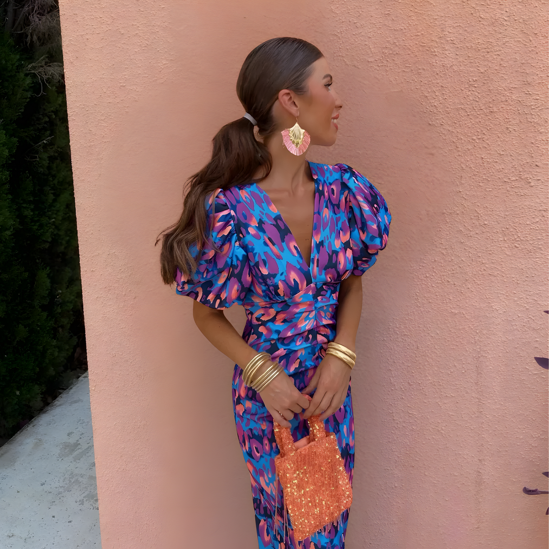 Cristina – Buntes Kleid mit gerafften Ärmeln
