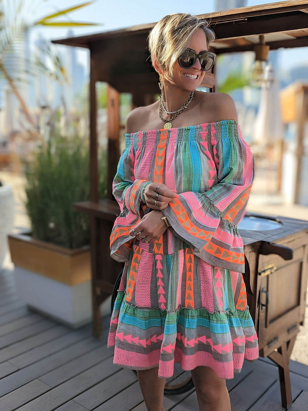 Joyce – Boho Mini-Kleid mit Carmenausschnitt