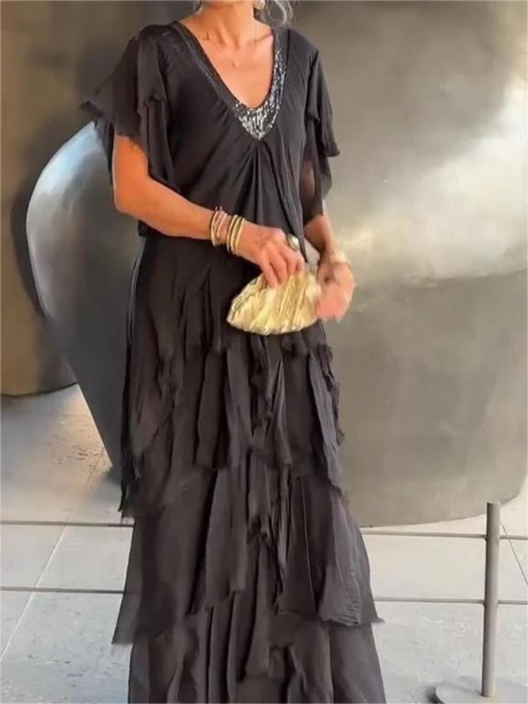 SAVANE | Elegantes, Fließendes Langarmkleid mit V-Ausschnitt